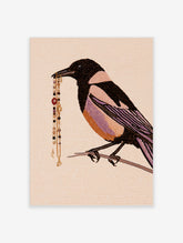Magpie art print with black and white bird holding a beaded chain on a branch