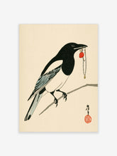 Magpie bird art print holding red pendant and beaded chain on a branch, Japanese style illustration