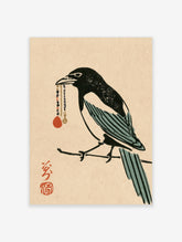 Magpie bird art print holding beaded pendant on branch, Japanese style illustration