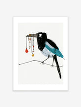 Magpie art print holding beaded jewellery on a wire, black teal and white bird illustration