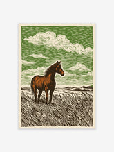 Woodcut style print of a brown horse with a white blaze standing in tall grass under a green cloudy sky