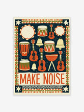 Make Noise music poster with retro drums, guitars, bells and orange text on dark blue background