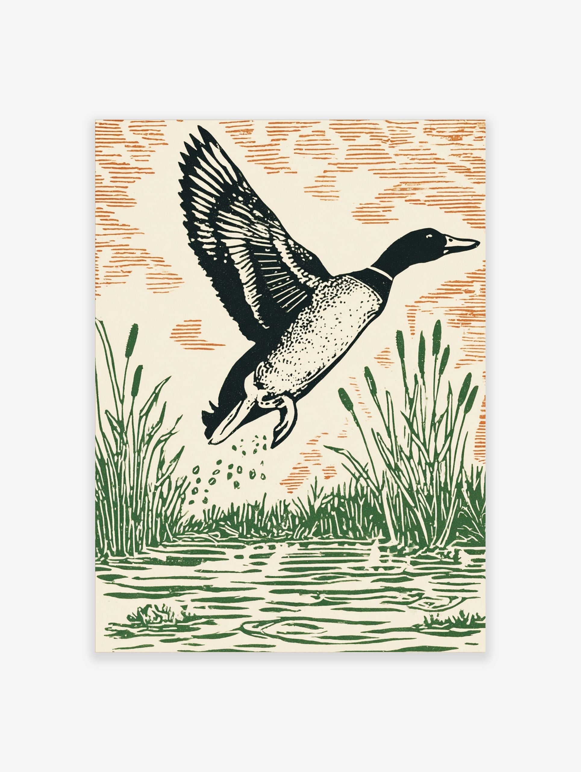 Linocut style art print of a mallard duck flying from water with green reeds and orange-brown sky