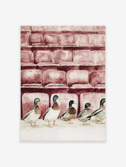 Watercolour illustration of five mallard ducks in a row in front of reddish-brown theatre seats