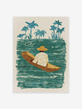 Illustrative print of a man in a straw hat in a boat on teal water, with blue-green tropical plants in background