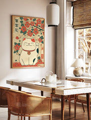 Maneki-neko Lucky Cat poster with traditional Japanese illustration of a white cat and red cherry blossoms. - Image 2