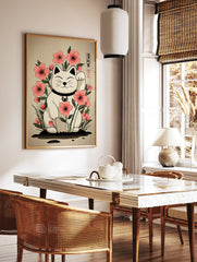 Japanese Maneki-neko lucky cat poster with pink flowers and green leaves on a beige background. - Image 2