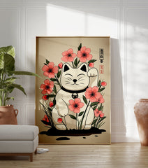 Japanese Maneki-neko lucky cat poster with pink flowers and green leaves on a beige background. - Image 3