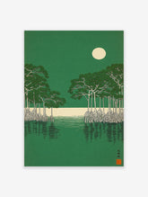 Japanese style mangrove forest art print with green trees, white roots, calm water, and a full moon in a green sky.