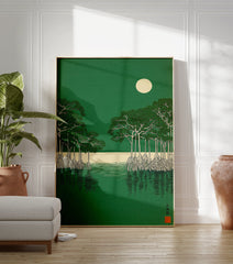 Japanese style mangrove forest art print with green trees, white roots, calm water, and a full moon in a green sky. - Image 3