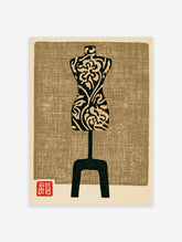 Mannequin wall art print with floral pattern and textured tan background in a woodblock style