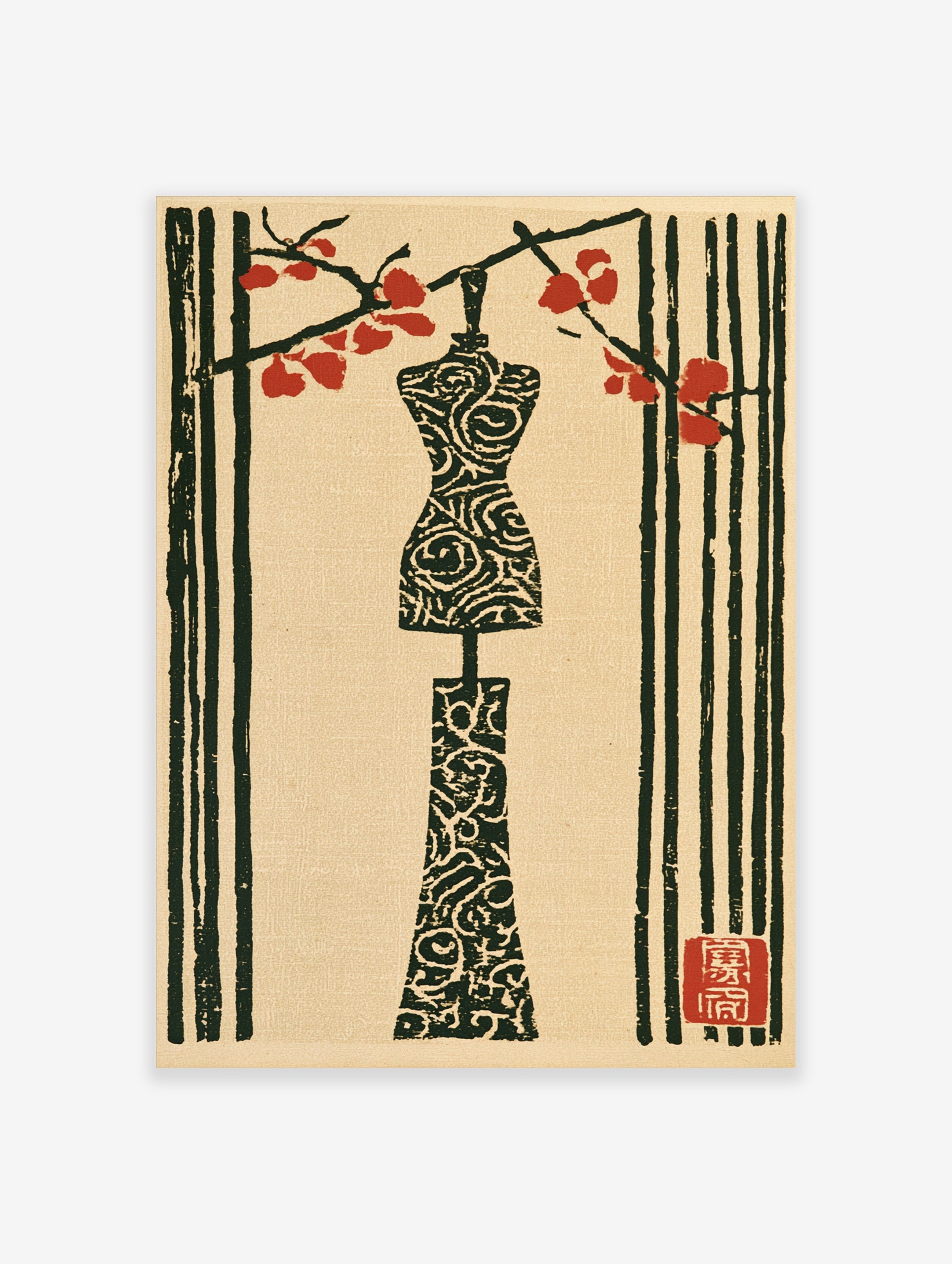 Japanese-style woodblock print of a mannequin under a red flowering branch on a neutral paper background