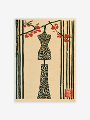 Japanese-style woodblock print of a mannequin under a red flowering branch on a neutral paper background