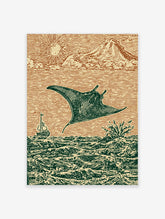Woodcut style print of a manta ray leaping from ocean waves with a sailboat, sun, and mountains
