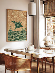 Woodcut style print of a manta ray leaping from ocean waves with a sailboat, sun, and mountains, in a styled room mockup