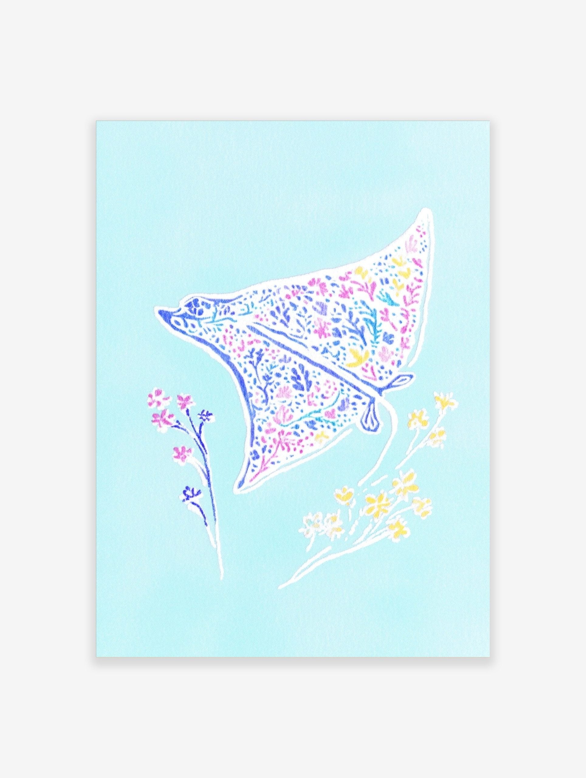 Illustrative manta ray wall art with floral pattern in pink, blue, yellow on light blue background