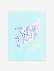Illustrative manta ray wall art with floral pattern in pink, blue, yellow on light blue background