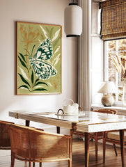 Illustrative marbled white butterfly on plant against olive green background botanical art print, in a styled room mockup