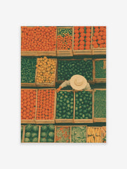 Overhead market stall with crates of oranges, limes, lemons, melons, and green beans, a vendor in a straw hat