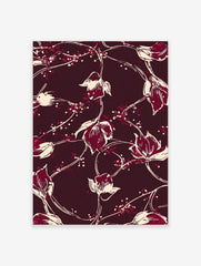 Maroon background with off-white and red illustrative floral vine pattern print