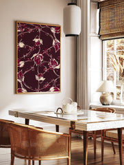 Maroon background with off-white and red illustrative floral vine pattern print, in a styled room mockup