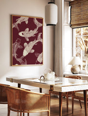 Several off-white Koi fish illustrations swimming on a deep maroon background, in a Japanese, in a styled room mockup