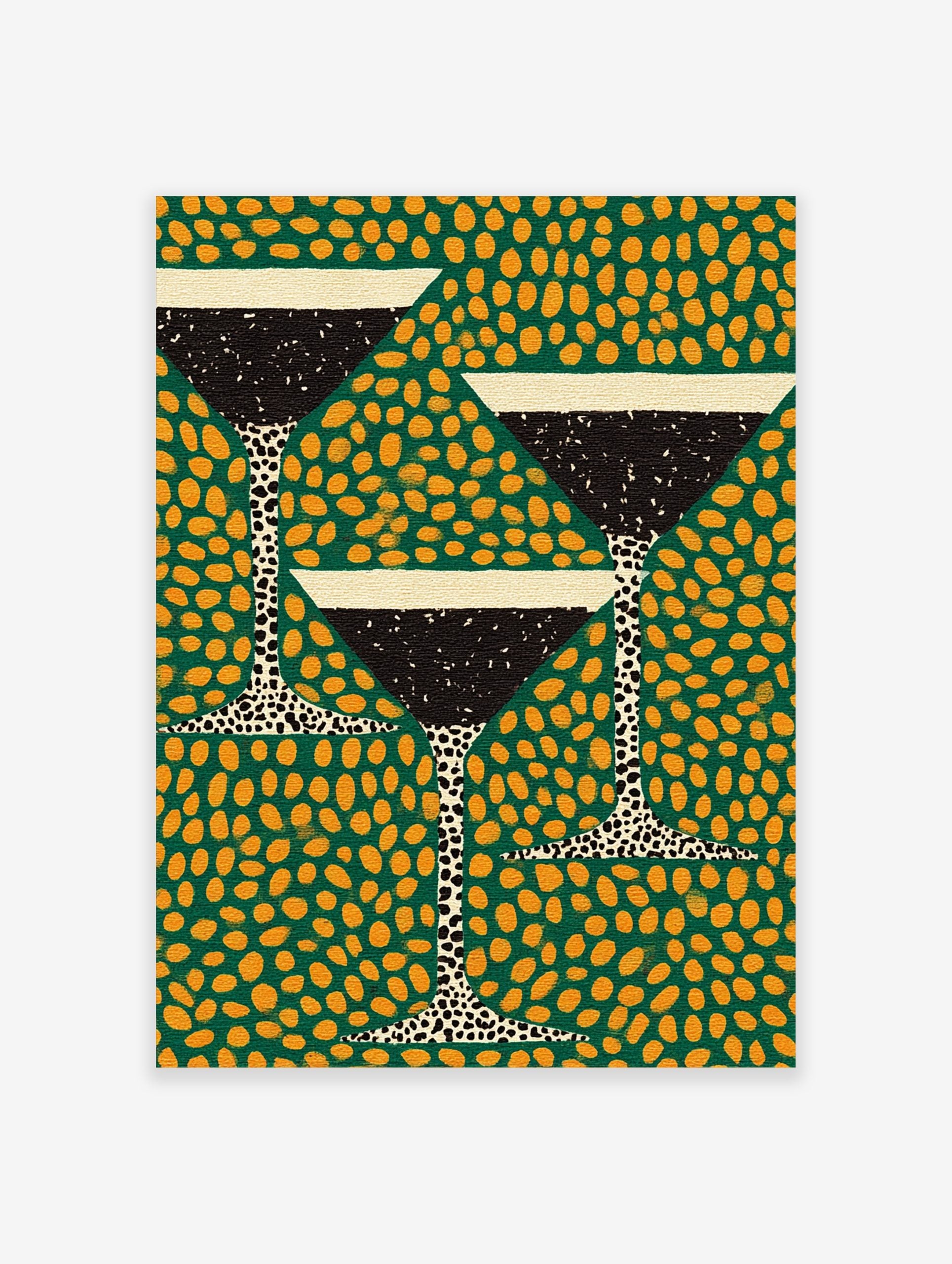 Illustrative martini cocktail glasses with black liquid and white rim on a green background with gold-orange spots