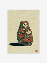 Matryoshka Doll Art print showing two Russian nesting dolls, one large and one small, decorated with red floral patterns.