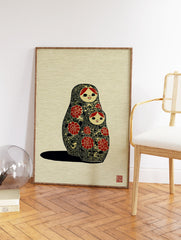 Matryoshka Doll Art print showing two Russian nesting dolls, one large and one small, decorated with red floral patterns. - Image 2