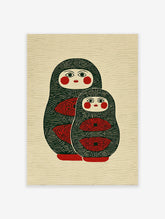 Matryoshka doll art print featuring two stylized Russian nesting dolls in dark green, red, and cream colors.