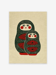 Matryoshka doll art print featuring two stylized Russian nesting dolls in dark green, red, and cream colors.
