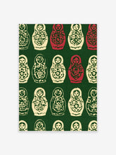 Repeating pattern of cream and red Russian Matryoshka nesting dolls with floral designs on a deep green background