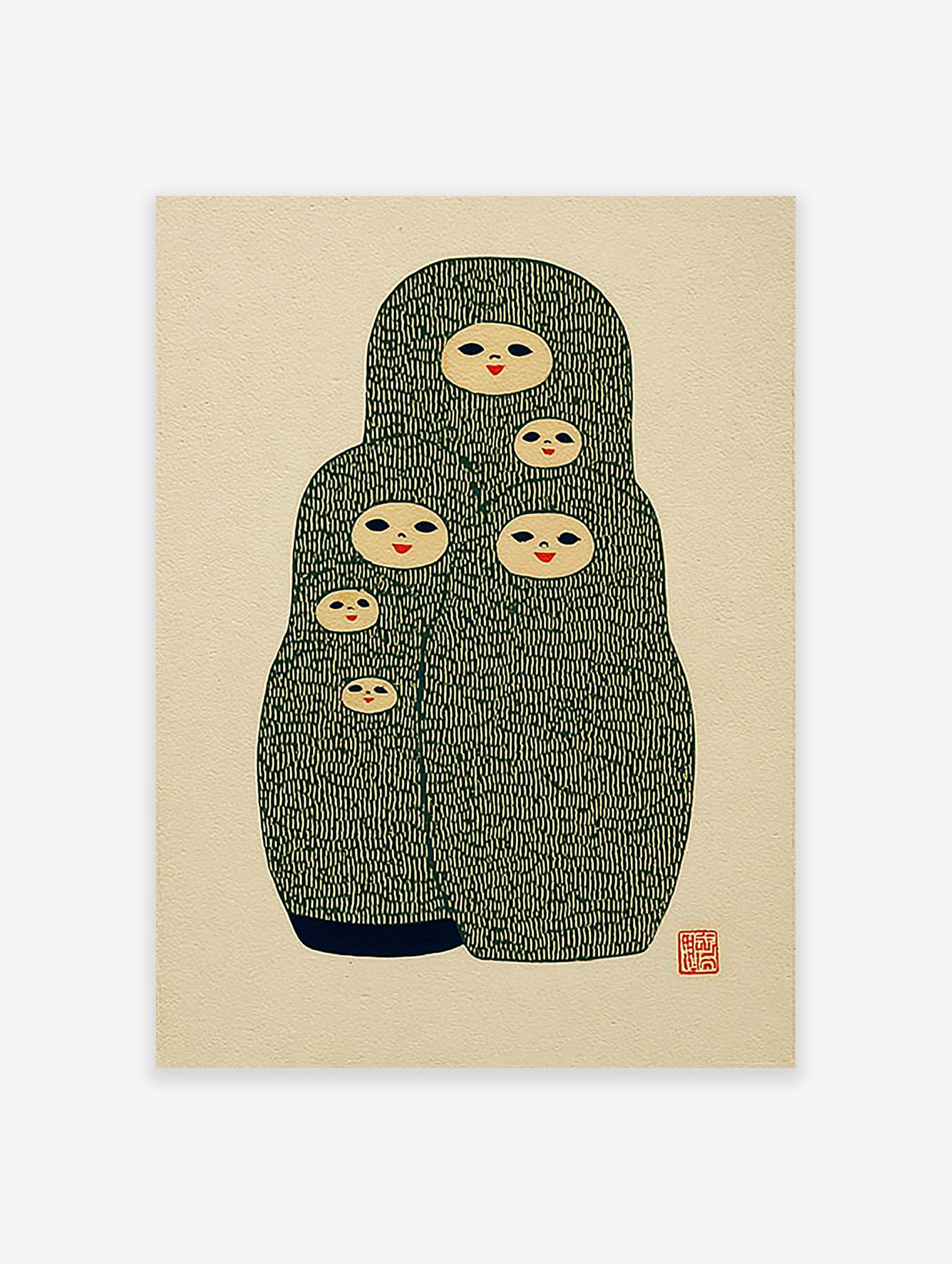 Green Matryoshka doll poster featuring five nested dolls with smiling faces on a cream background, folk art illustration.