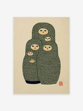 Green Matryoshka doll poster featuring five nested dolls with smiling faces on a cream background, folk art illustration.