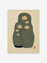 Green Matryoshka doll poster featuring five nested dolls with smiling faces on a cream background, folk art illustration.