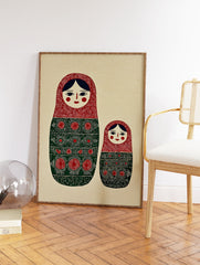 Matryoshka doll folk art print featuring two red and green decorated nesting dolls on a textured beige background. - Image 2