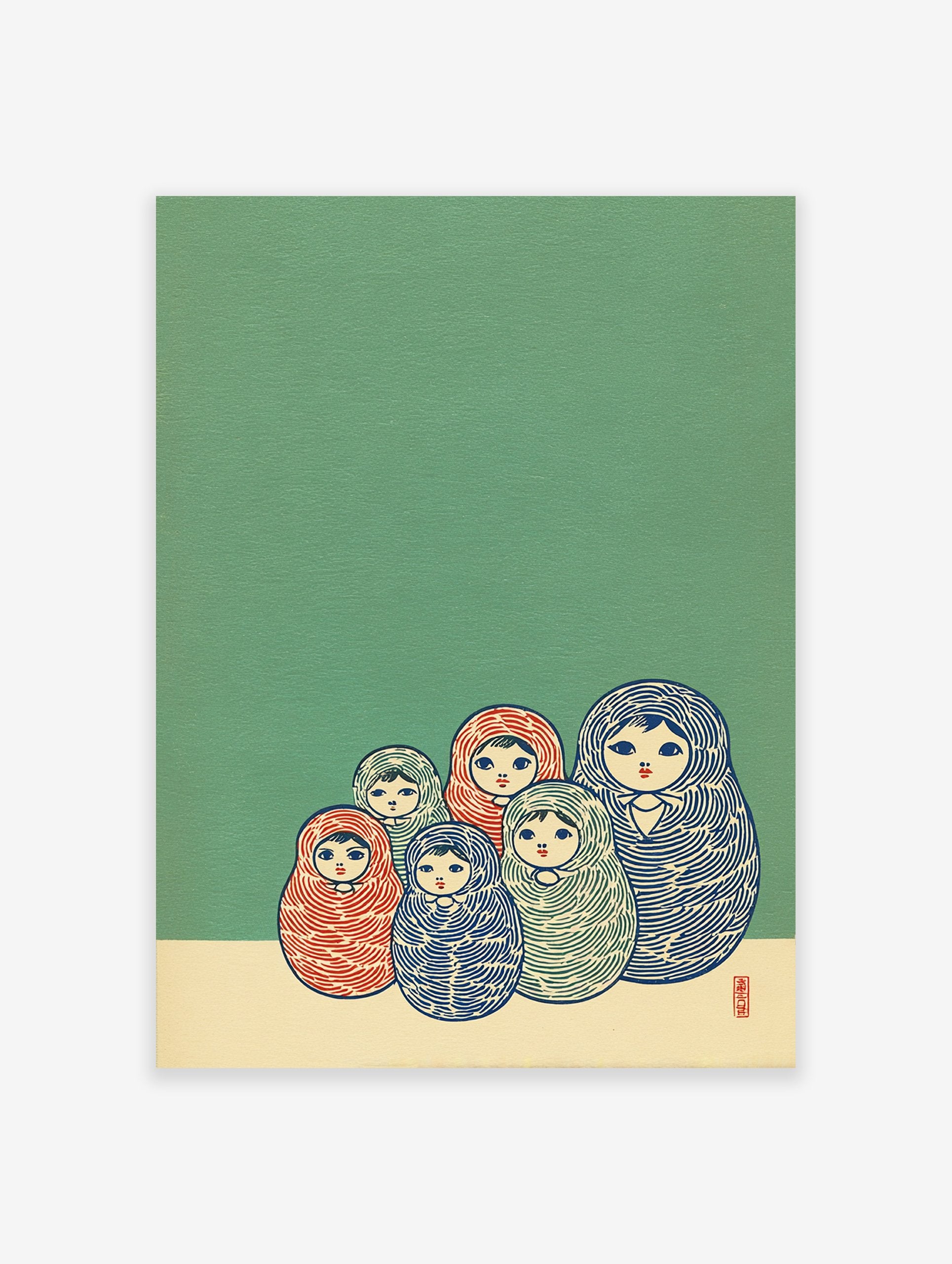 Matryoshka doll wall art print featuring six colorful Russian nesting dolls on a green and cream background.