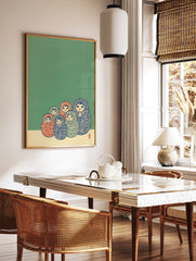 Matryoshka doll wall art print featuring six colorful Russian nesting dolls on a green and cream background. - Image 2