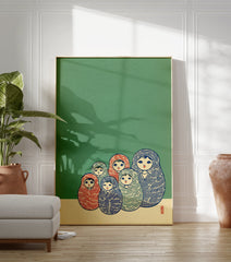 Matryoshka doll wall art print featuring six colorful Russian nesting dolls on a green and cream background. - Image 3