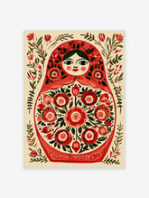 Matryoshka doll illustration with floral patterns in red and green on a neutral background, folk art wall print