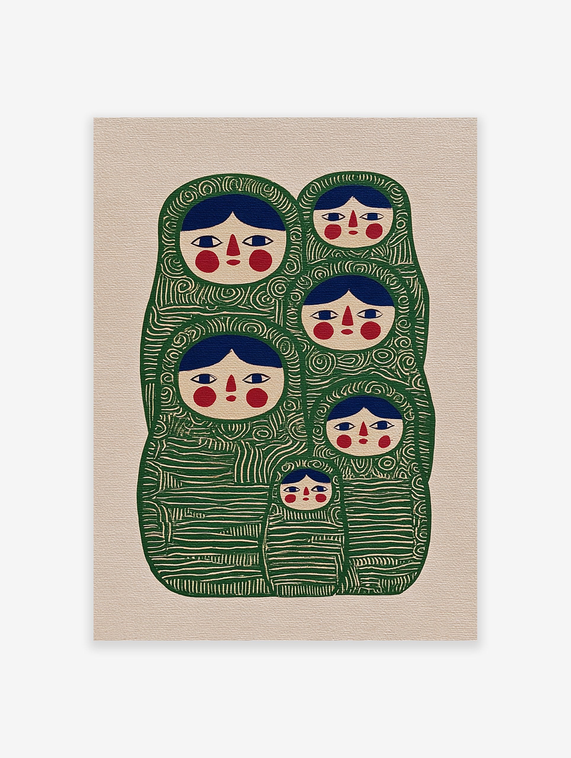 Green Matryoshka doll wall art illustration with multiple nesting dolls in a folk art style on a beige background.