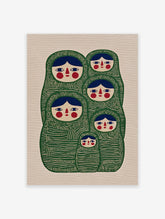 Green Matryoshka doll wall art illustration with multiple nesting dolls in a folk art style on a beige background.