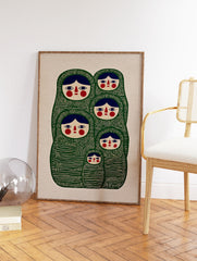 Green Matryoshka doll wall art illustration with multiple nesting dolls in a folk art style on a beige background. - Image 2