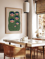 Green Matryoshka doll wall art illustration with multiple nesting dolls in a folk art style on a beige background. - Image 3