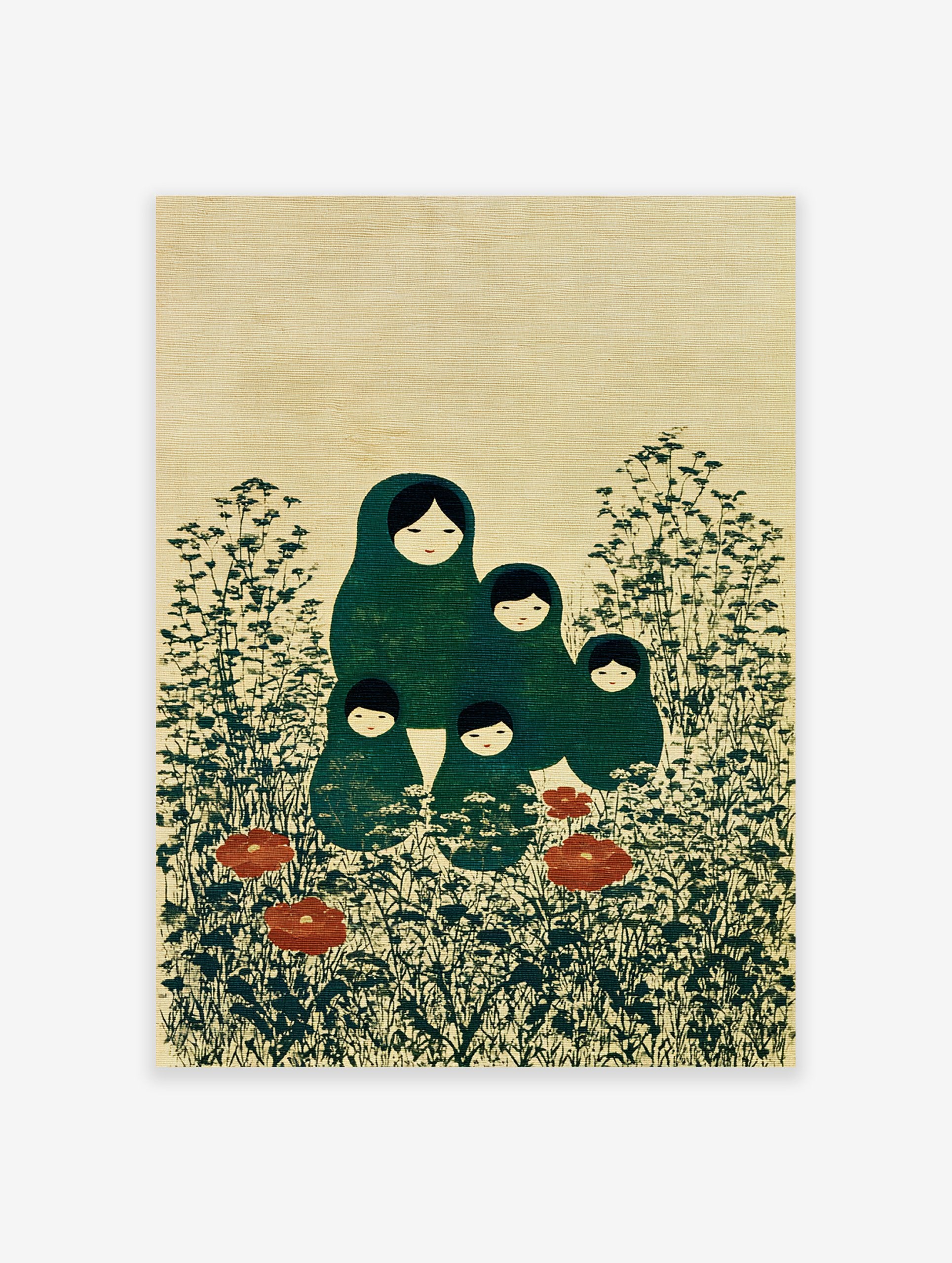 Matryoshka doll wall art print featuring green dolls, dark foliage, and red poppies on a textured beige background.