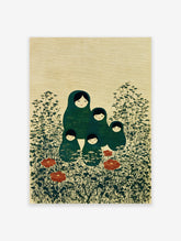 Matryoshka doll wall art print featuring green dolls, dark foliage, and red poppies on a textured beige background.