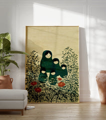 Matryoshka doll wall art print featuring green dolls, dark foliage, and red poppies on a textured beige background. - Image 3