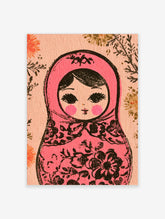 Pink Matryoshka nesting doll illustration with black floral patterns on a light background, art print