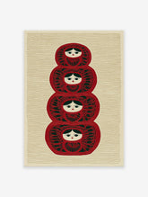 Red and green stacked Matryoshka doll illustration wall art print with folk patterns on a textured cream background.