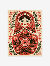 Illustrated Matryoshka doll with red floral patterns and black linework on an off-white background art print
